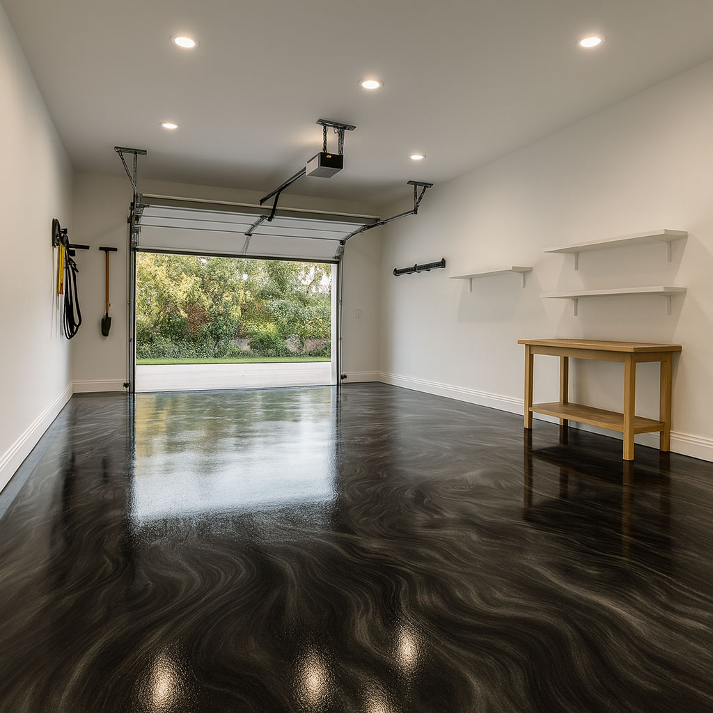 Sleek garage interior featuring a high-gloss black epoxy floor with fluid swirl patterns, recessed lighting, wall-mounted tools, and floating shelves for modern organization.