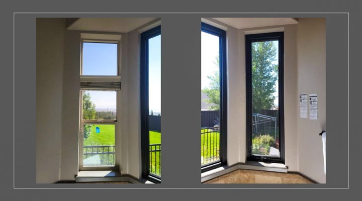 Old white-framed bay window replaced with sleek black-framed unit featuring clean lines and unobstructed views of the backyard — enhancing natural light and modernizing the corner of a beige home.