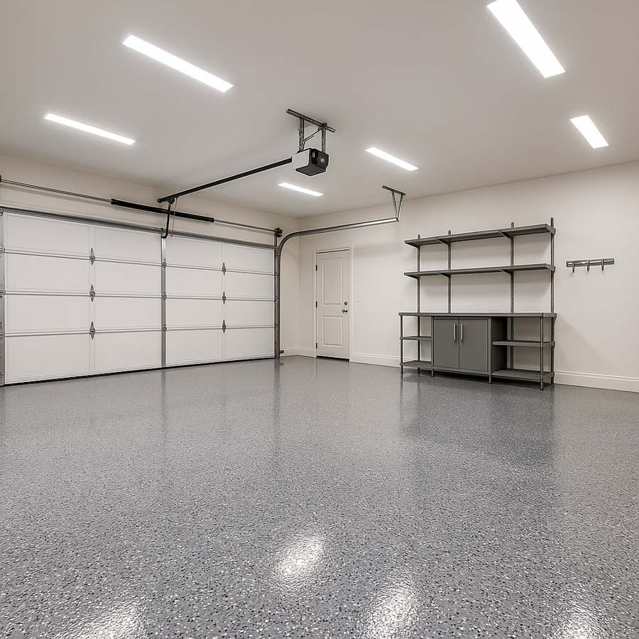 Bright, spacious garage featuring a durable gray epoxy floor with decorative flake finish, white garage doors, and heavy-duty metal shelving for organized storage.