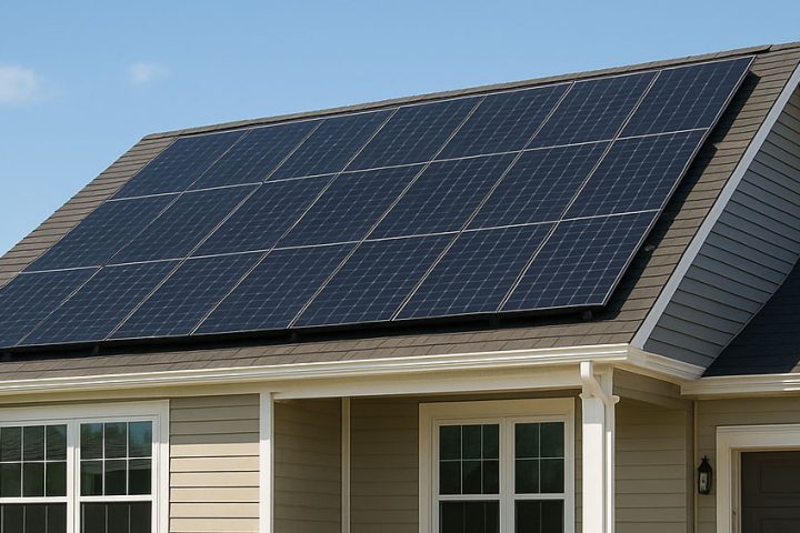 Residential home with beige horizontal siding and dark gray shingles, featuring a full array of sleek black solar panels installed on the south-facing roof under clear blue skies.